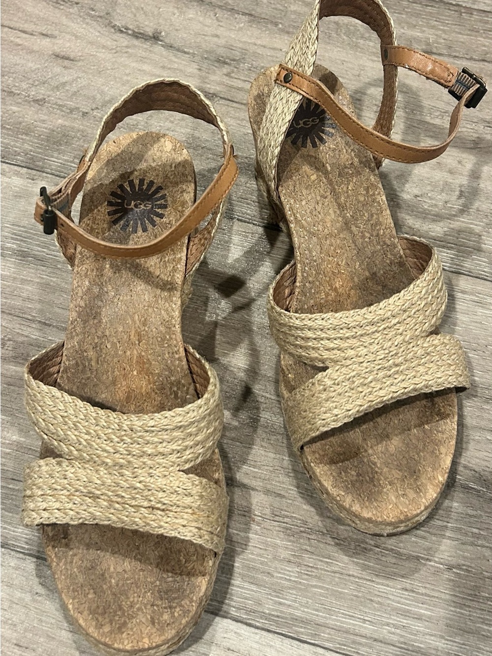 UGG Launn Jute Cork Wedge Slingback Sandals Tawny Tan Women’s Size 8